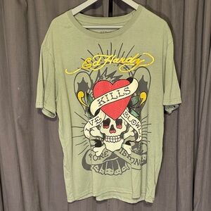 Ed Hardy Olive Graphic Tee with Skull Design